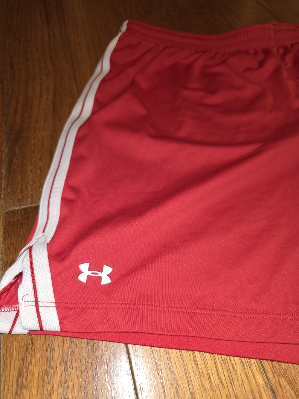Under Armour Red Athletic Shorts with White Stripes - Picture 2 of 4